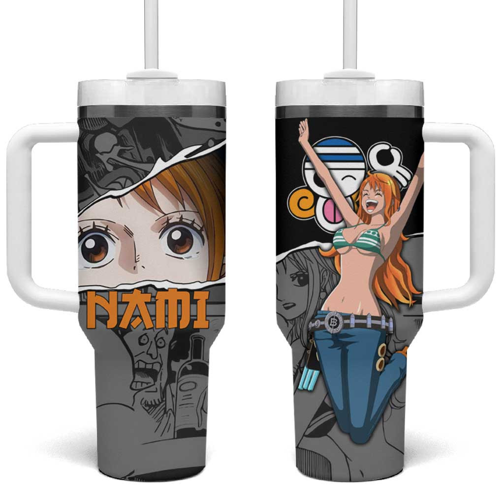 Nami One Piece Tumbler With Handle With Manga Panel Design And Orange Lettering