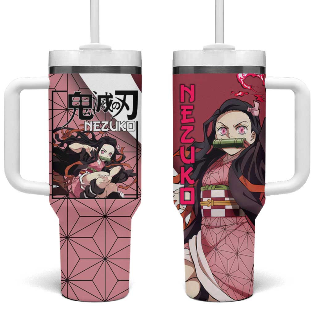 Nezuko Kamado Demon Slayer Tumbler With Handle Pink Kimono Geometric Pattern
