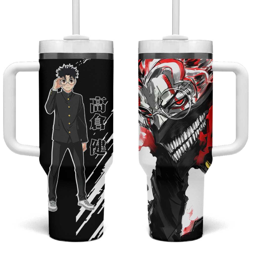 Okarun Dandadan Tumbler With Handle With Evil Spirit Flames And Split Design Black Red