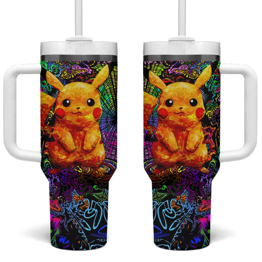 Pikachu Tumbler With Handle Colorful Psychedelic Electric Mouse Art