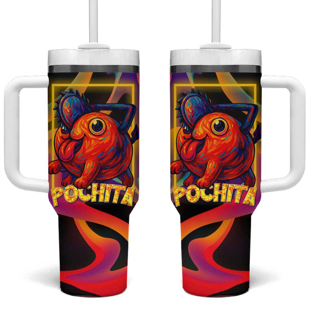 Pochita Chainsaw Man Tumbler With Handle With Neon Orange Multicolor Abstract Flame