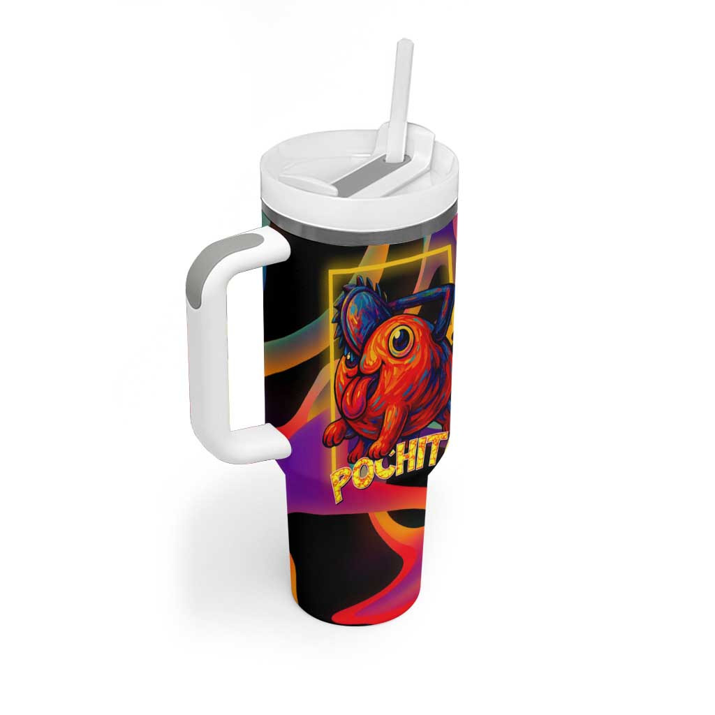 Pochita Chainsaw Man Tumbler With Handle With Neon Orange Multicolor Abstract Flame