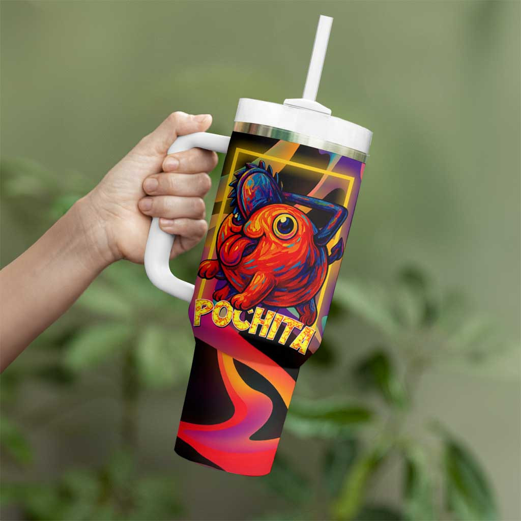 Pochita Chainsaw Man Tumbler With Handle With Neon Orange Multicolor Abstract Flame