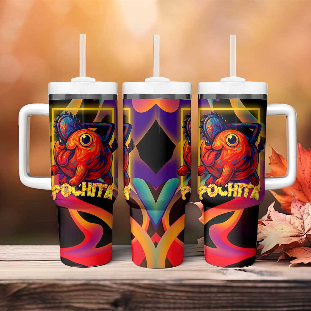 Pochita Chainsaw Man Tumbler With Handle With Neon Orange Multicolor Abstract Flame