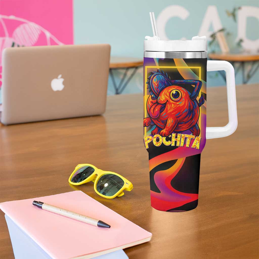 Pochita Chainsaw Man Tumbler With Handle With Neon Orange Multicolor Abstract Flame