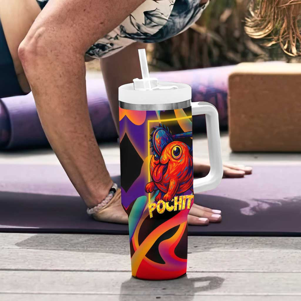 Pochita Chainsaw Man Tumbler With Handle With Neon Orange Multicolor Abstract Flame
