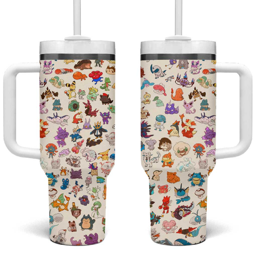 Poke Kawaii Chibi All Over Print Tumbler With Handle With Creamy White Background