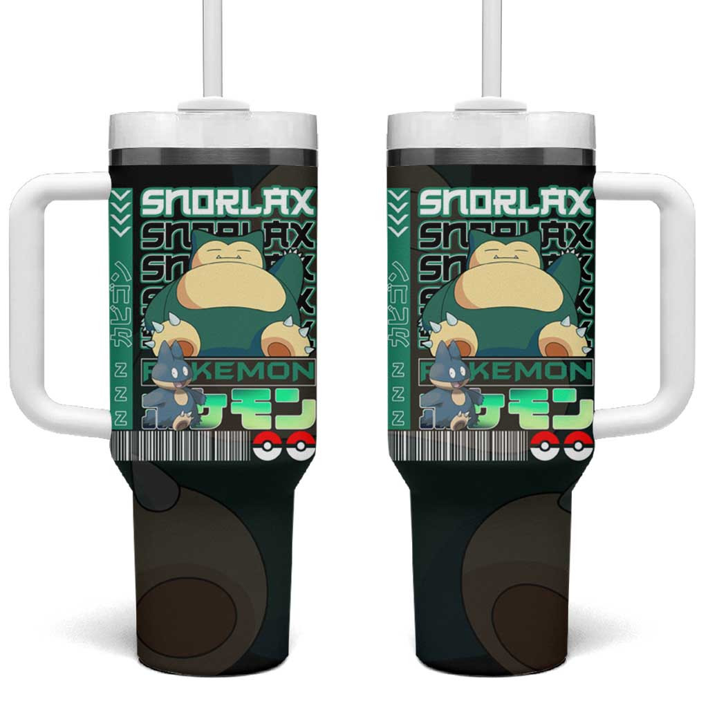 Poke Snorlax Tumbler With Handle With Pokeball Sleeve Design And Japanese Typography