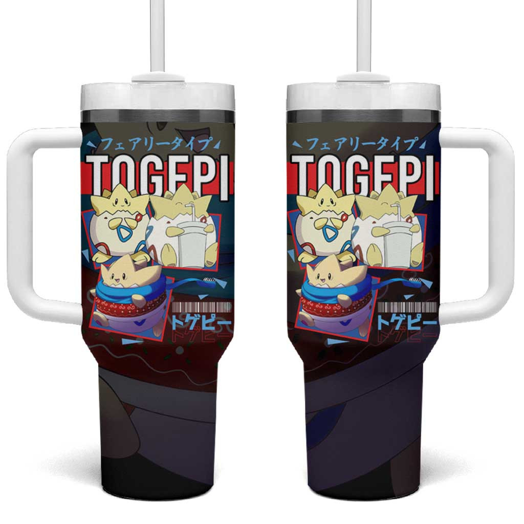 Poke Togepi Tumbler With Handle With Adorable Design In Black And Blue Color Scheme