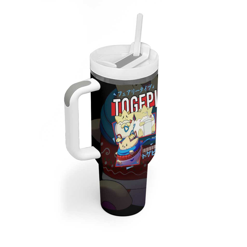Poke Togepi Tumbler With Handle With Adorable Design In Black And Blue Color Scheme