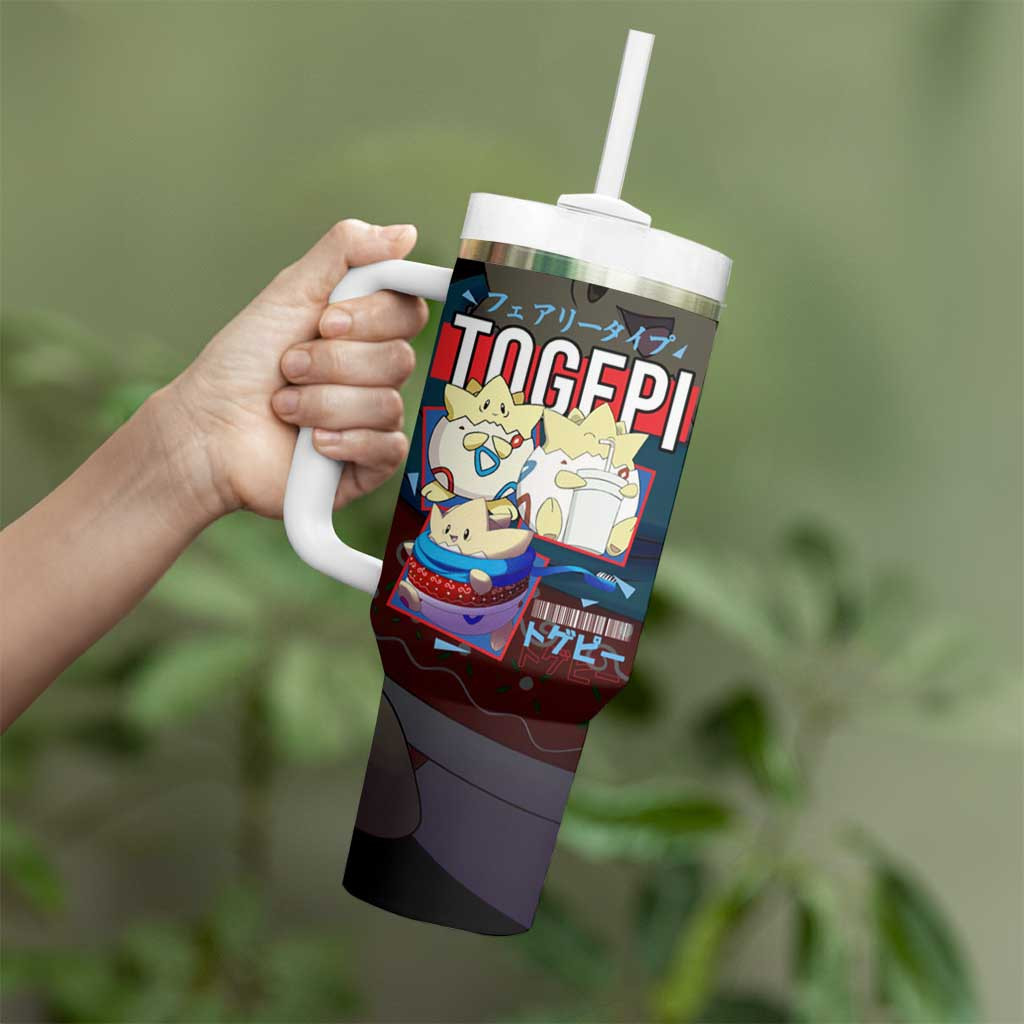 Poke Togepi Tumbler With Handle With Adorable Design In Black And Blue Color Scheme