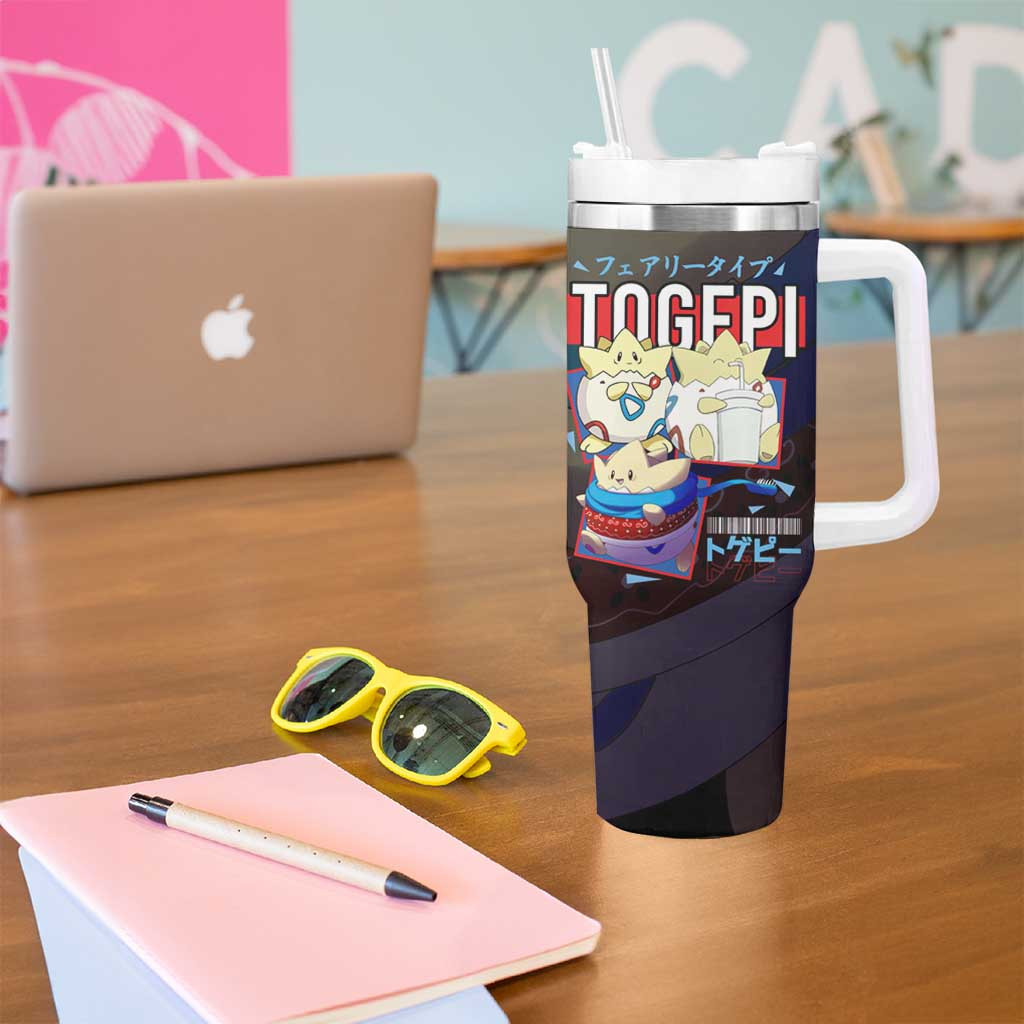Poke Togepi Tumbler With Handle With Adorable Design In Black And Blue Color Scheme