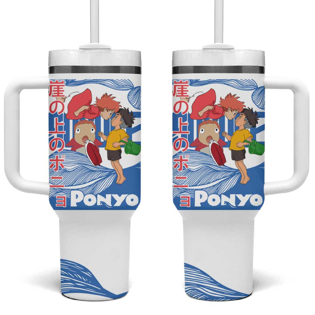 Ponyo On The Cliff By The Sea Tumbler With Handle With White And Blue Ocean Wave Design