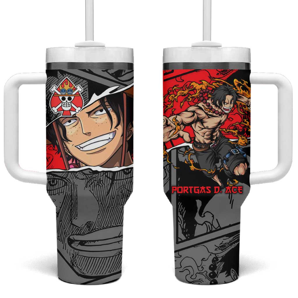 Portgas D Ace One Piece Tumbler With Handle With Flame Pattern And Manga Design