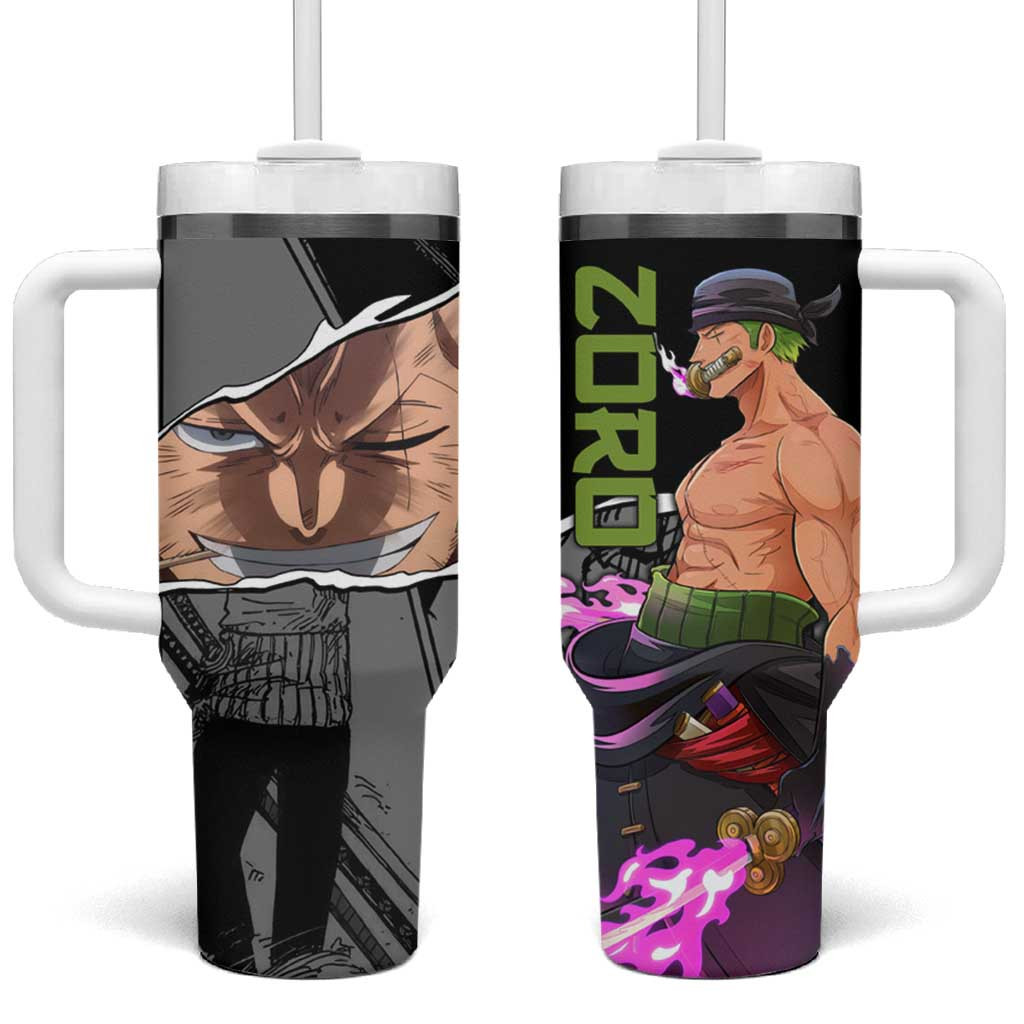 Roronoa Zoro One Piece Tumbler With Handle With Green Typography And Sword Aura Design