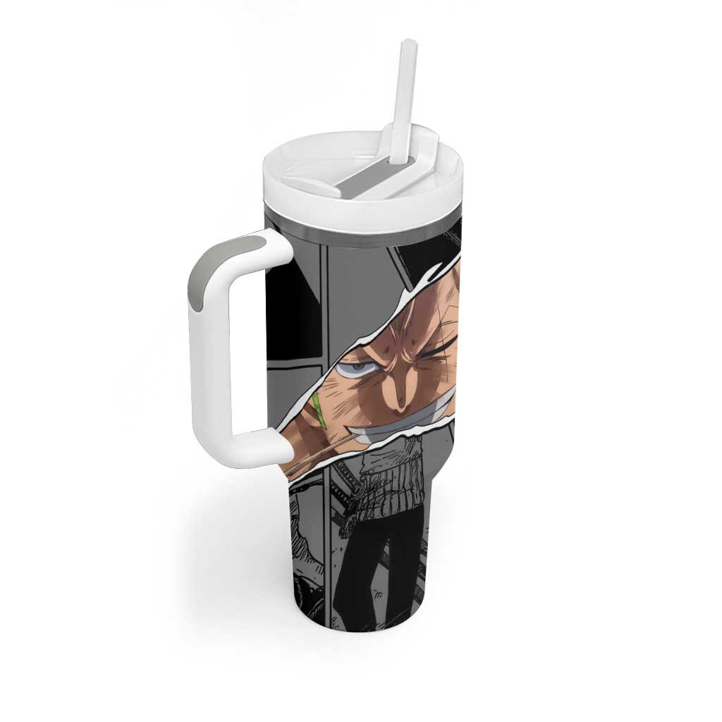 Roronoa Zoro One Piece Tumbler With Handle With Green Typography And Sword Aura Design
