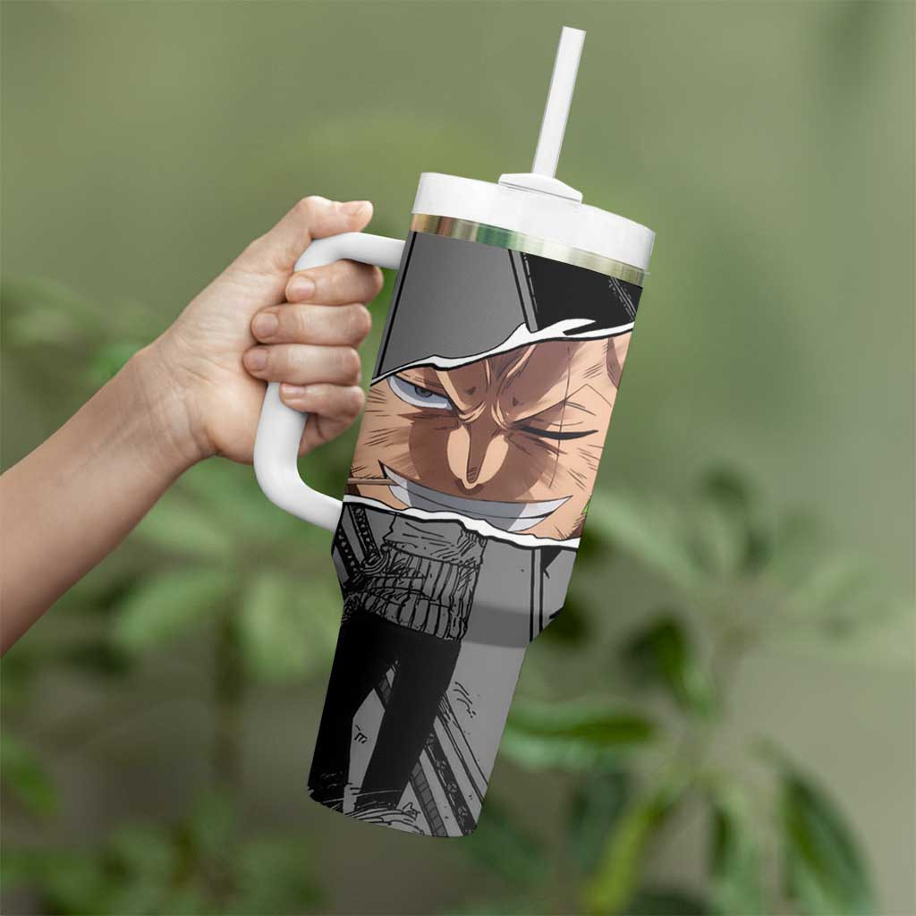 Roronoa Zoro One Piece Tumbler With Handle With Green Typography And Sword Aura Design
