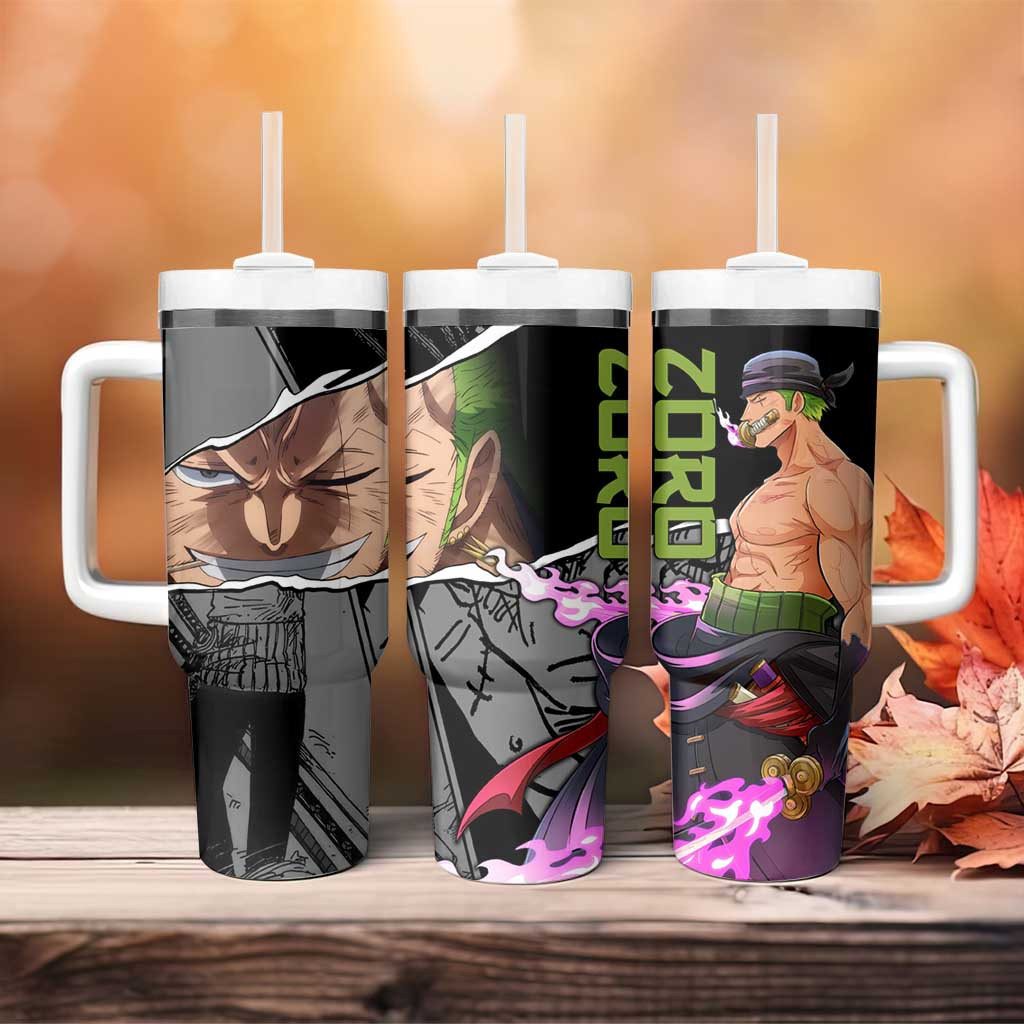 Roronoa Zoro One Piece Tumbler With Handle With Green Typography And Sword Aura Design