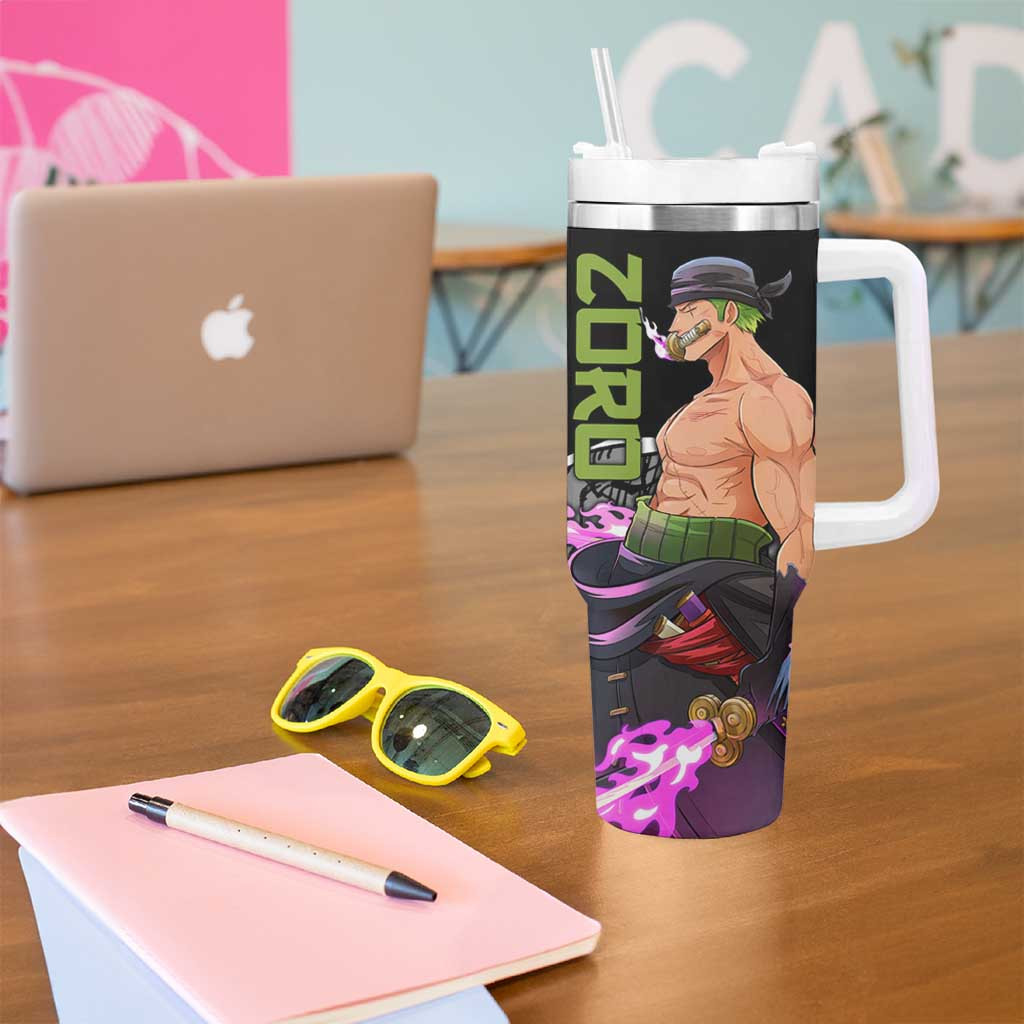 Roronoa Zoro One Piece Tumbler With Handle With Green Typography And Sword Aura Design