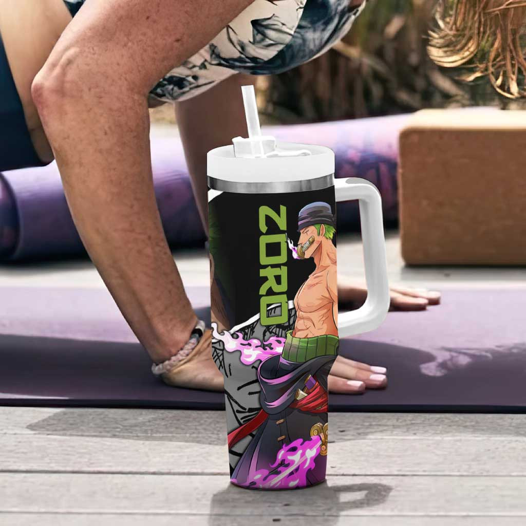 Roronoa Zoro One Piece Tumbler With Handle With Green Typography And Sword Aura Design