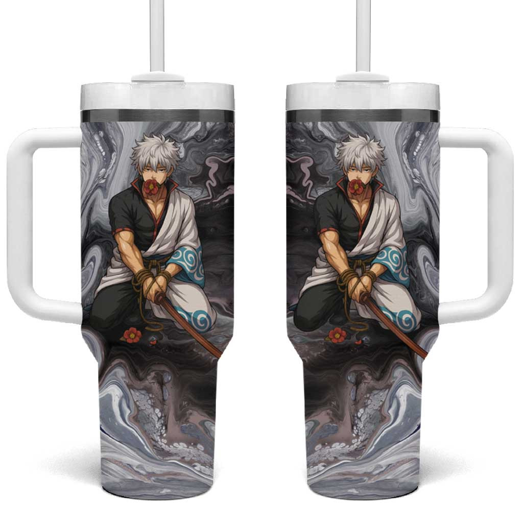 Sakata Gintoki Gintama Tumbler With Handle With Flower And Black White Swirl Background