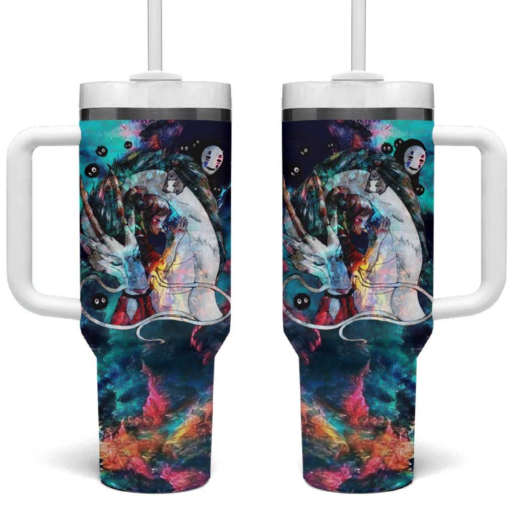 Spirited Away Haku And Chihiro Tumbler With Handle With Neon Cloudscape Fantasy Glow