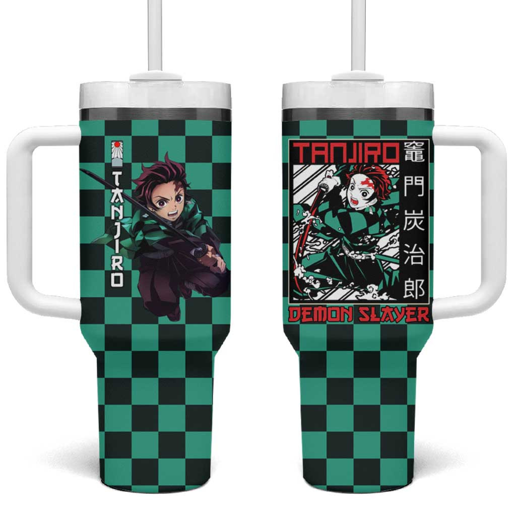 Tanjiro Kamado Green Checkered Demon Slayer Tumbler With Handle Pattern Sword Pose