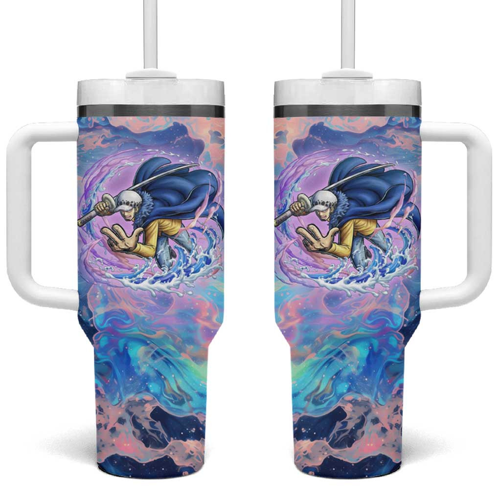 Trafalgar D Water Law One Piece Tumbler With Handle With Colorful Ocean Sky Background