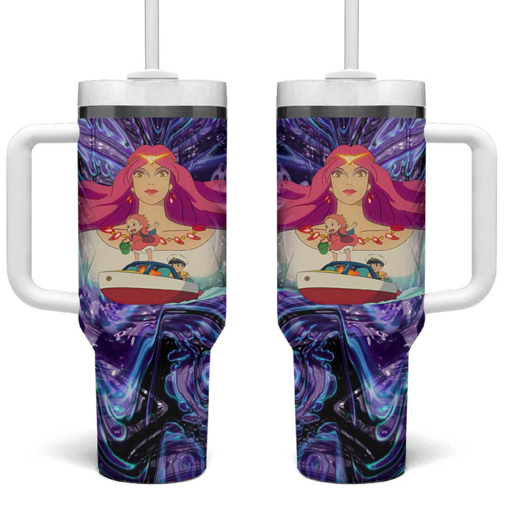 Trippy Ponyo Tumbler With Handle Inspired Design With Ocean Goddess And Boat Scene
