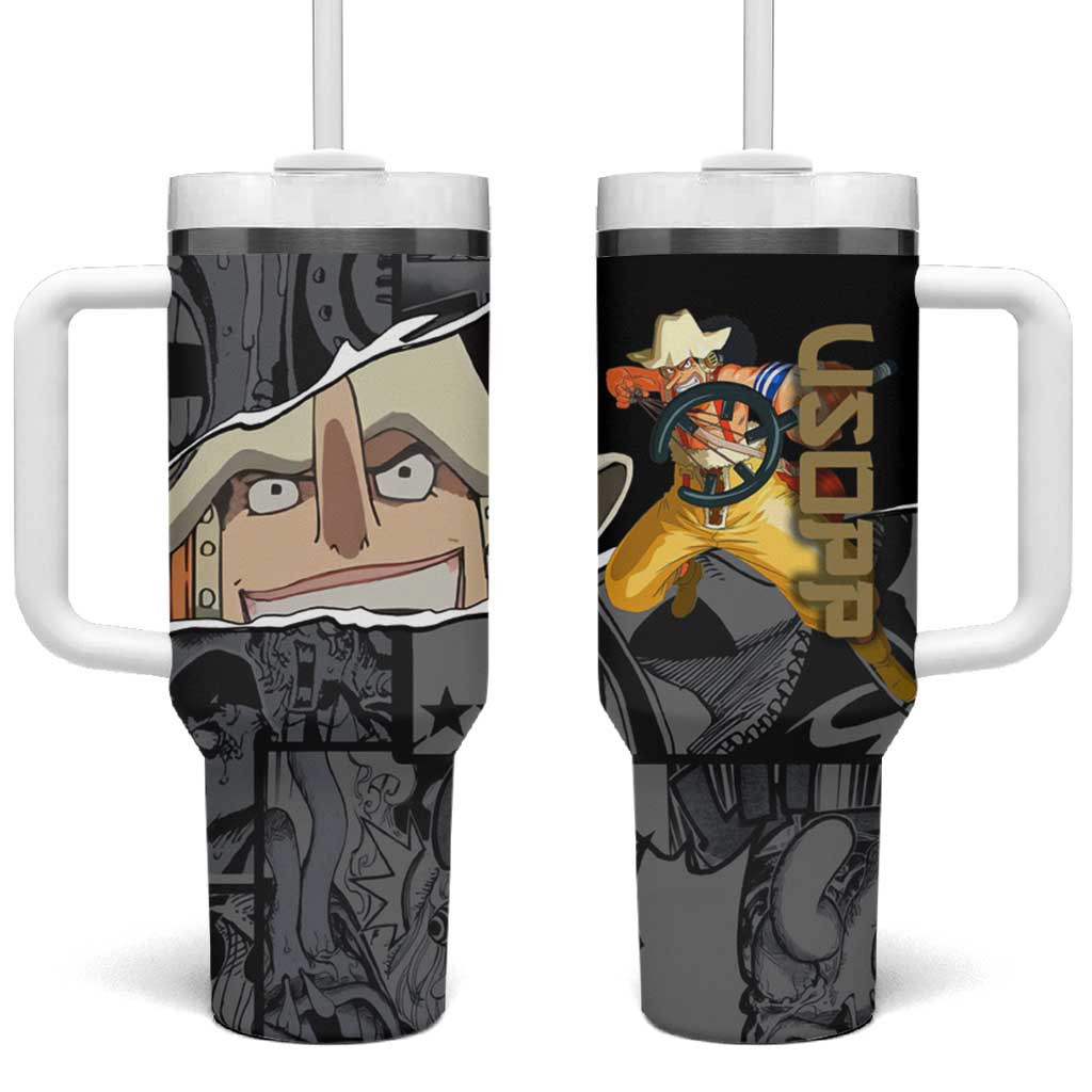 Usopp One Piece Tumbler With Handle With Manga Collage Background And Gold Lettering