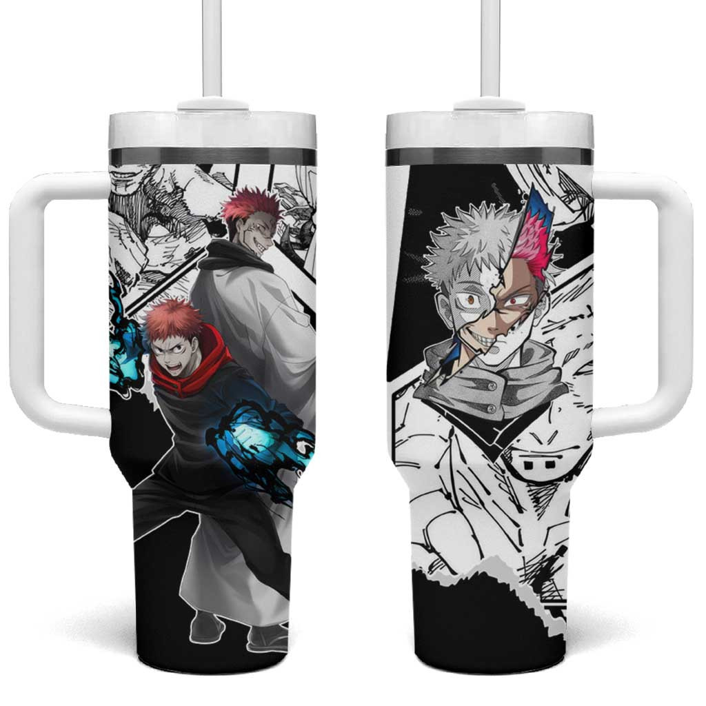 Yuji Itadori And Sukuna Jujutsu Kaisen Tumbler With Handle Split Face Manga Panel Style