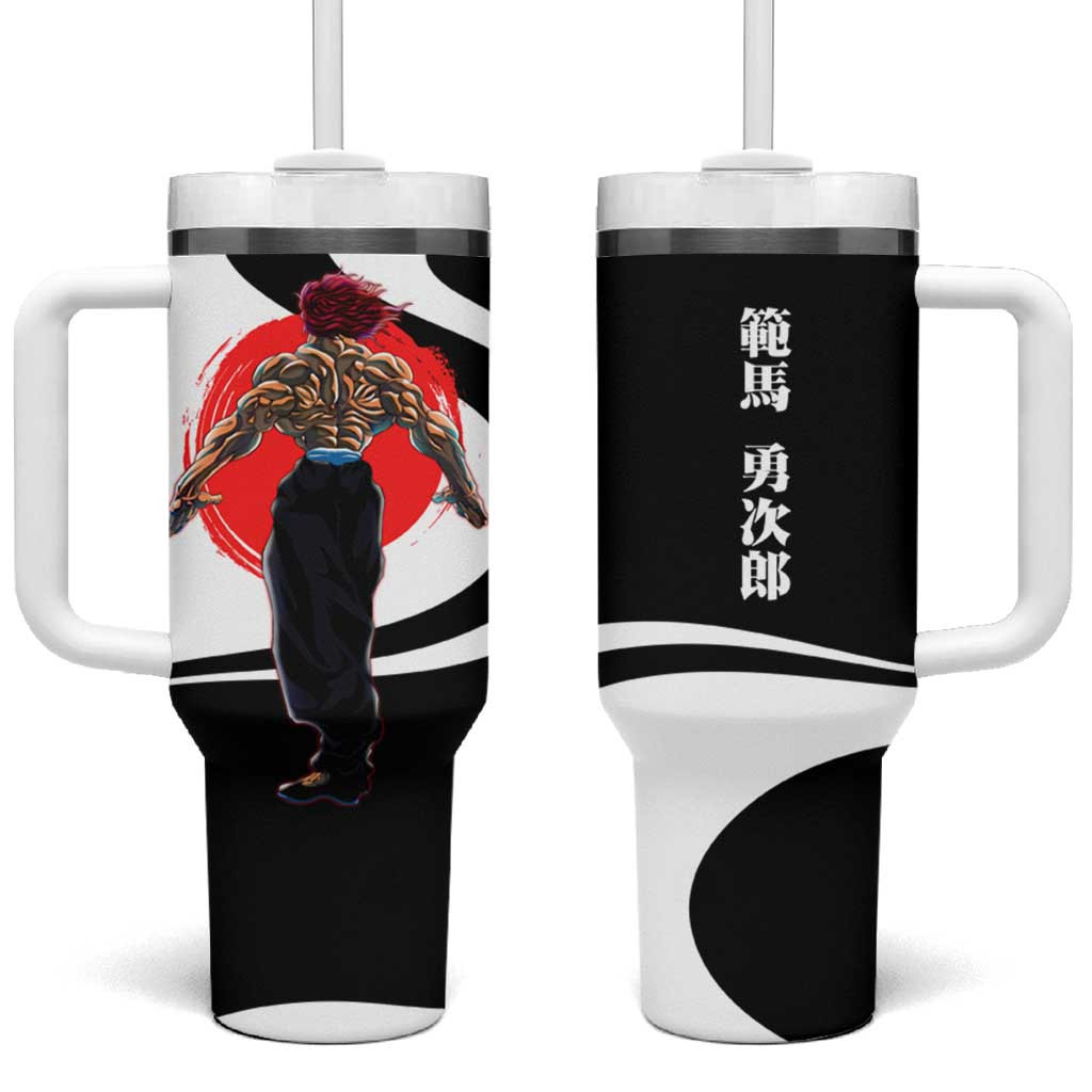 Yujiro Hanma Anime Tumbler With Handle With Intimidating Pose And Red Sun Backdrop