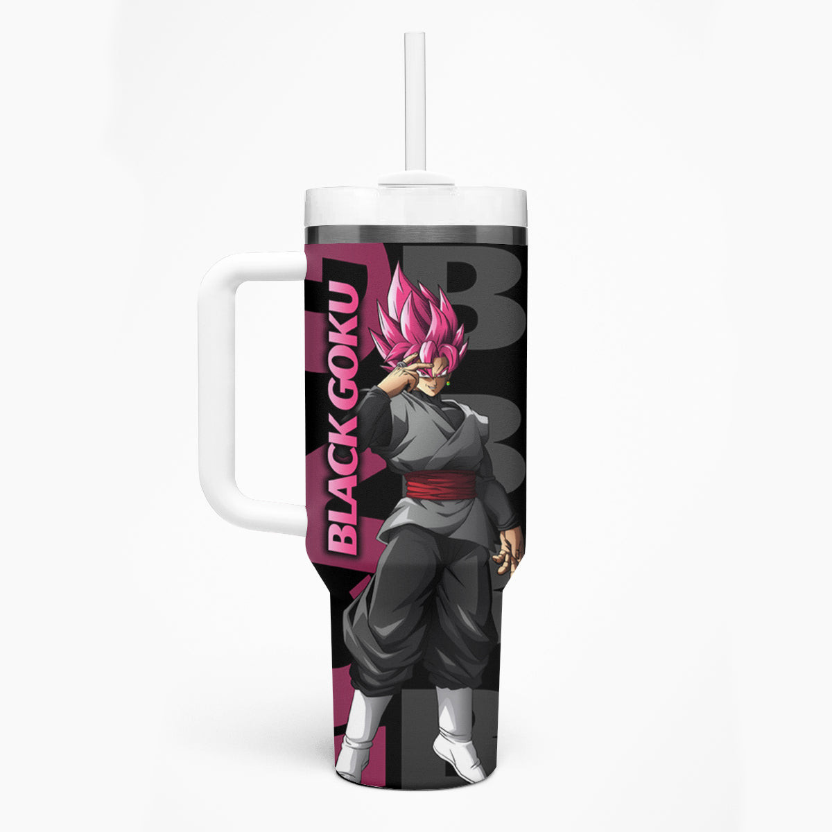 Black Goku Tumbler With Handle Anime Mix Text Pattern Abstract Style