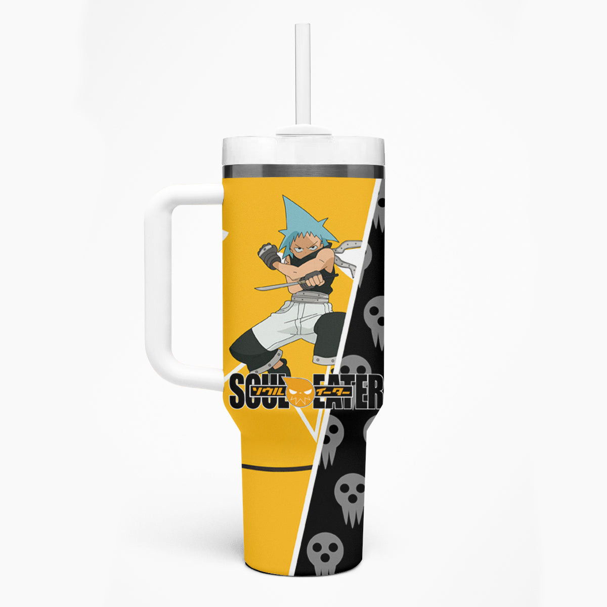 Black Star Soul Eater Tumbler With Handle Anime Art Mix With Skull Pattern Style