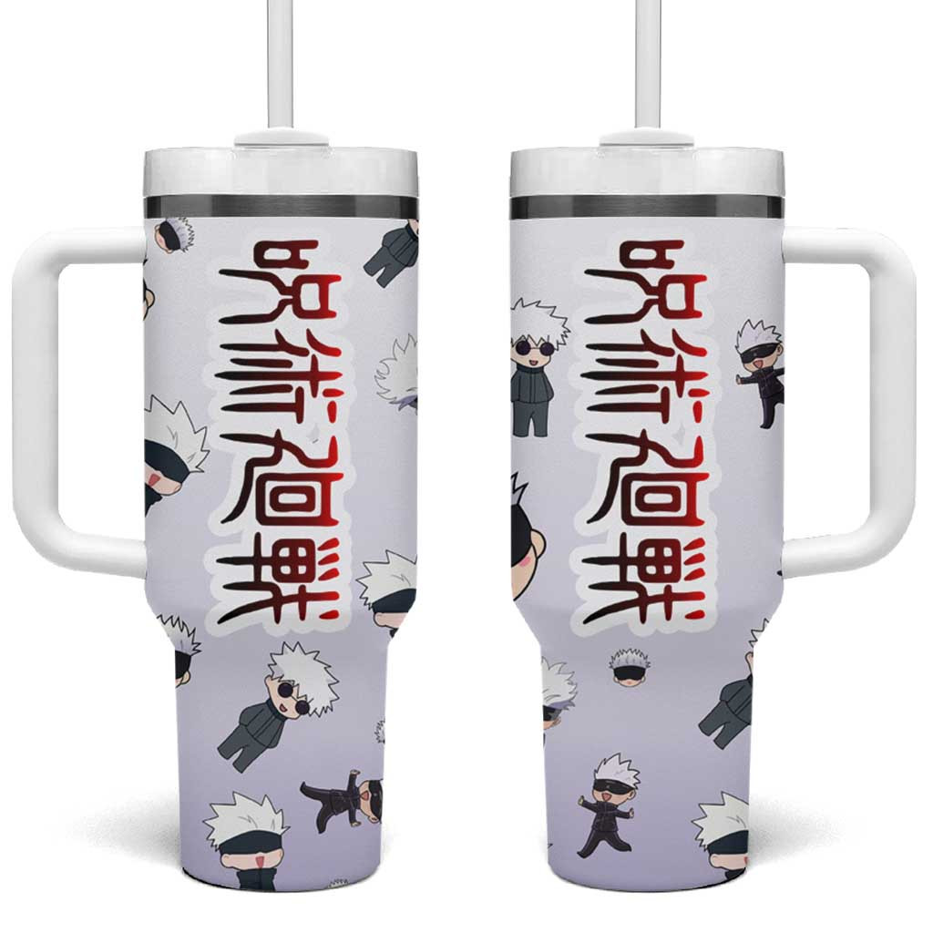 Satoru Gojo Jujutsu Kaisen Tumbler With Handle With Chibi Pattern On White Gradient