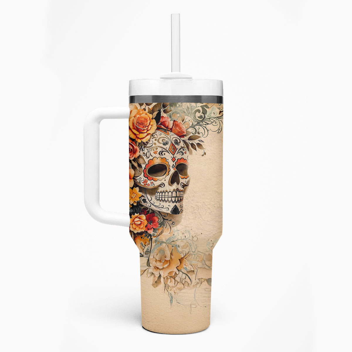 Sugar Skull Tumbler With Handle Rose Sugar Skull Vintage Dt01