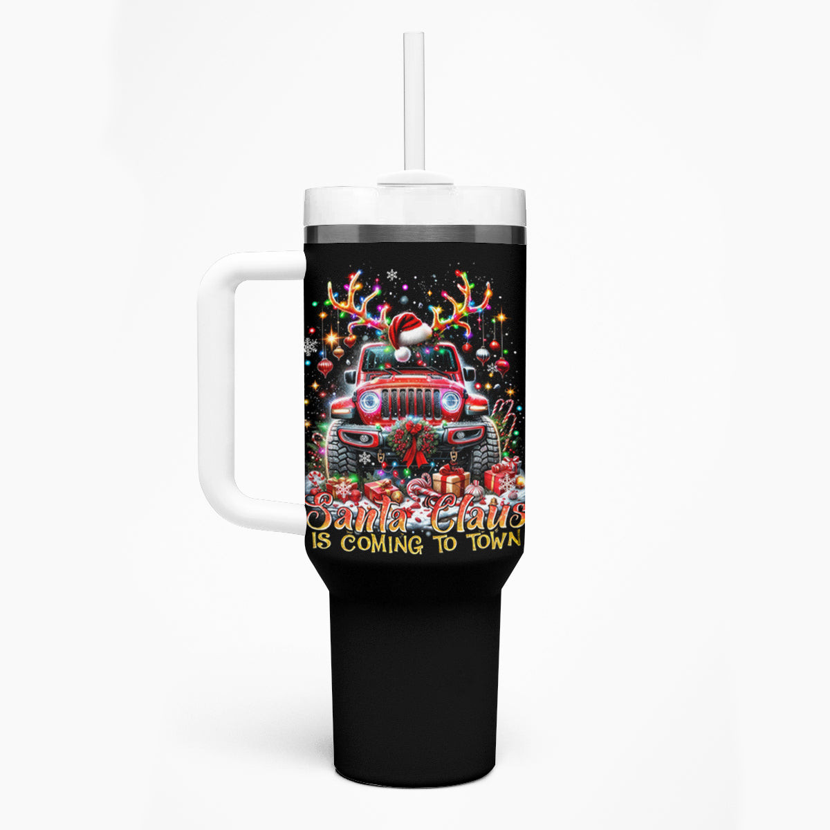 Christmas Red Jeep Tumbler With Handle Santa Clause Is Coming To Town