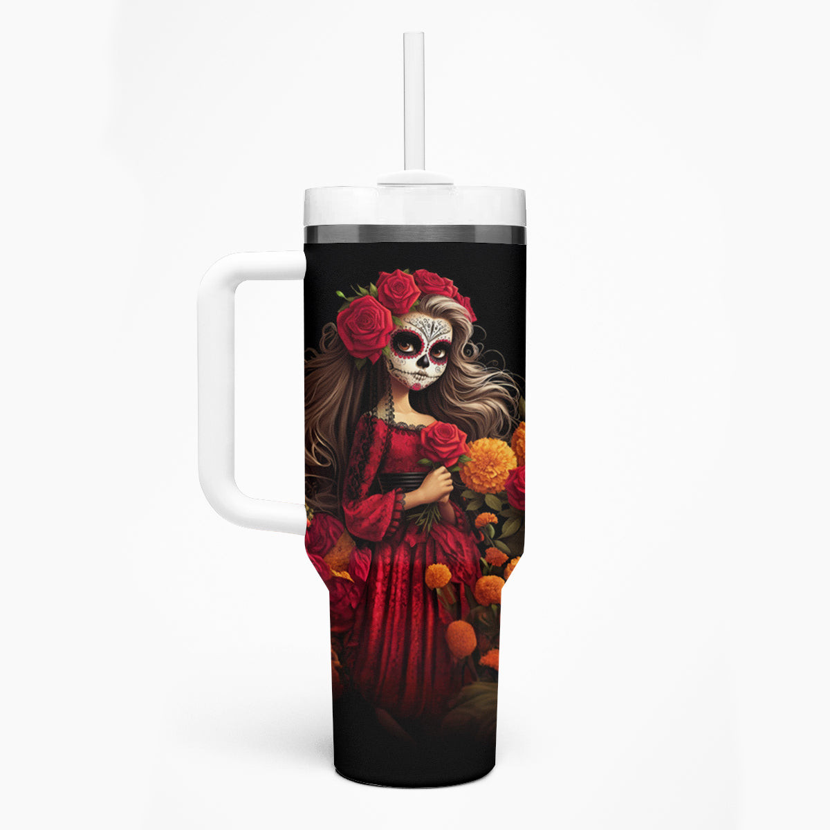 Day Of Dead Girl Tumbler With Handle Sugar Skull Girl Rose And Marigold