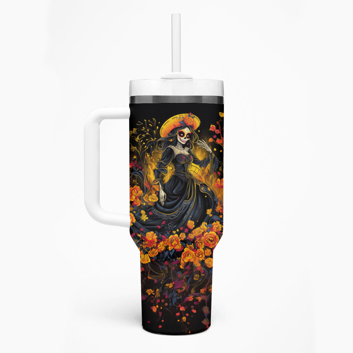 Day Of Dead Lady Tumbler With Handle Sugar Skull Field Marigold Lady