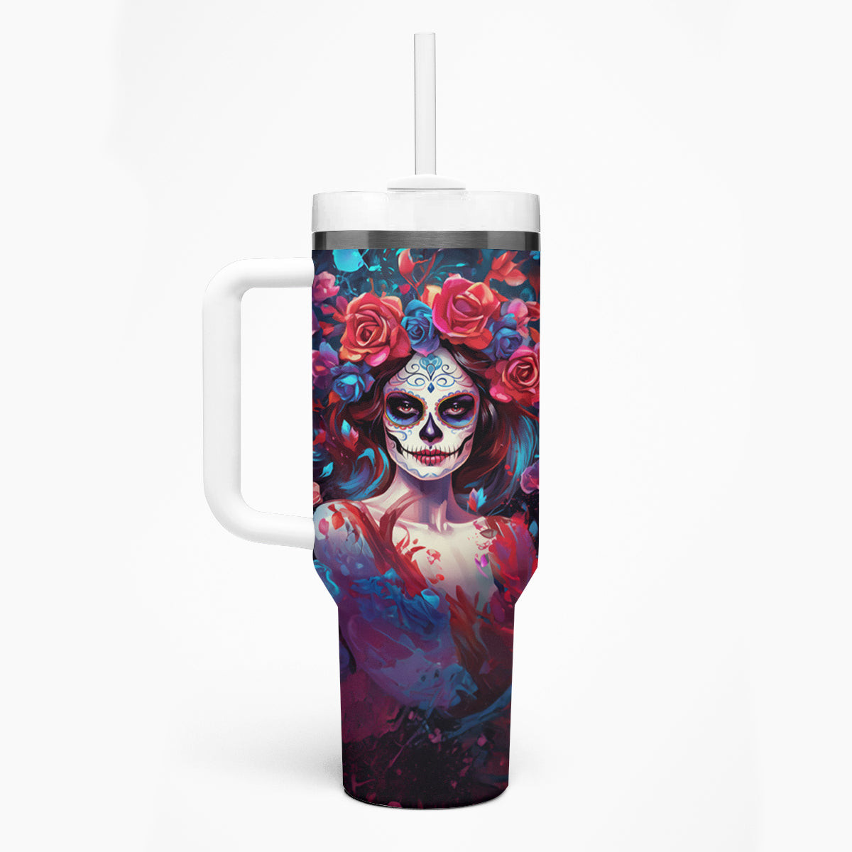 Day Of Dead Lady Tumbler With Handle Sugar Skull Field Rose Lady