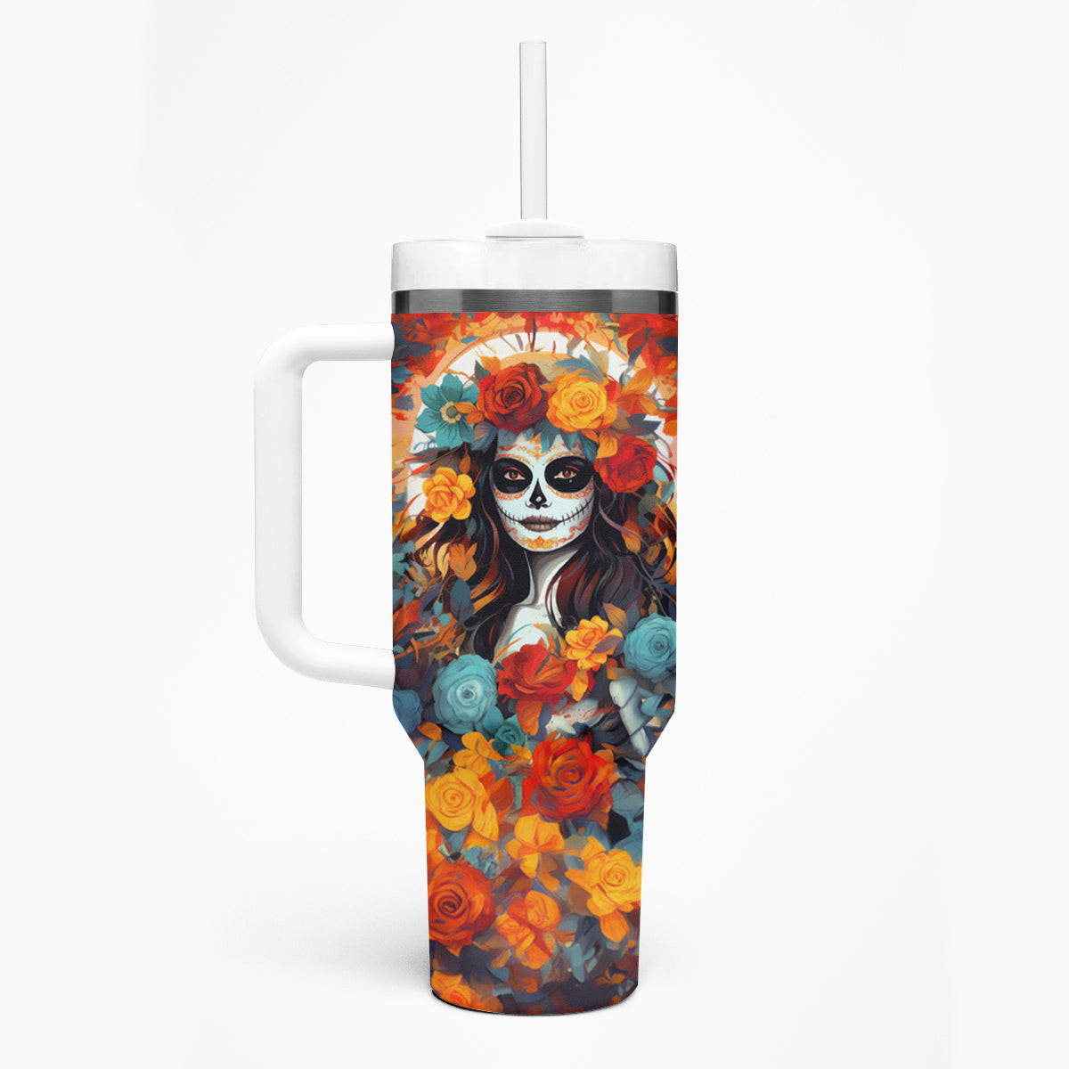 Day Of Dead Lady Tumbler With Handle Sugar Skull Field Rose Lady