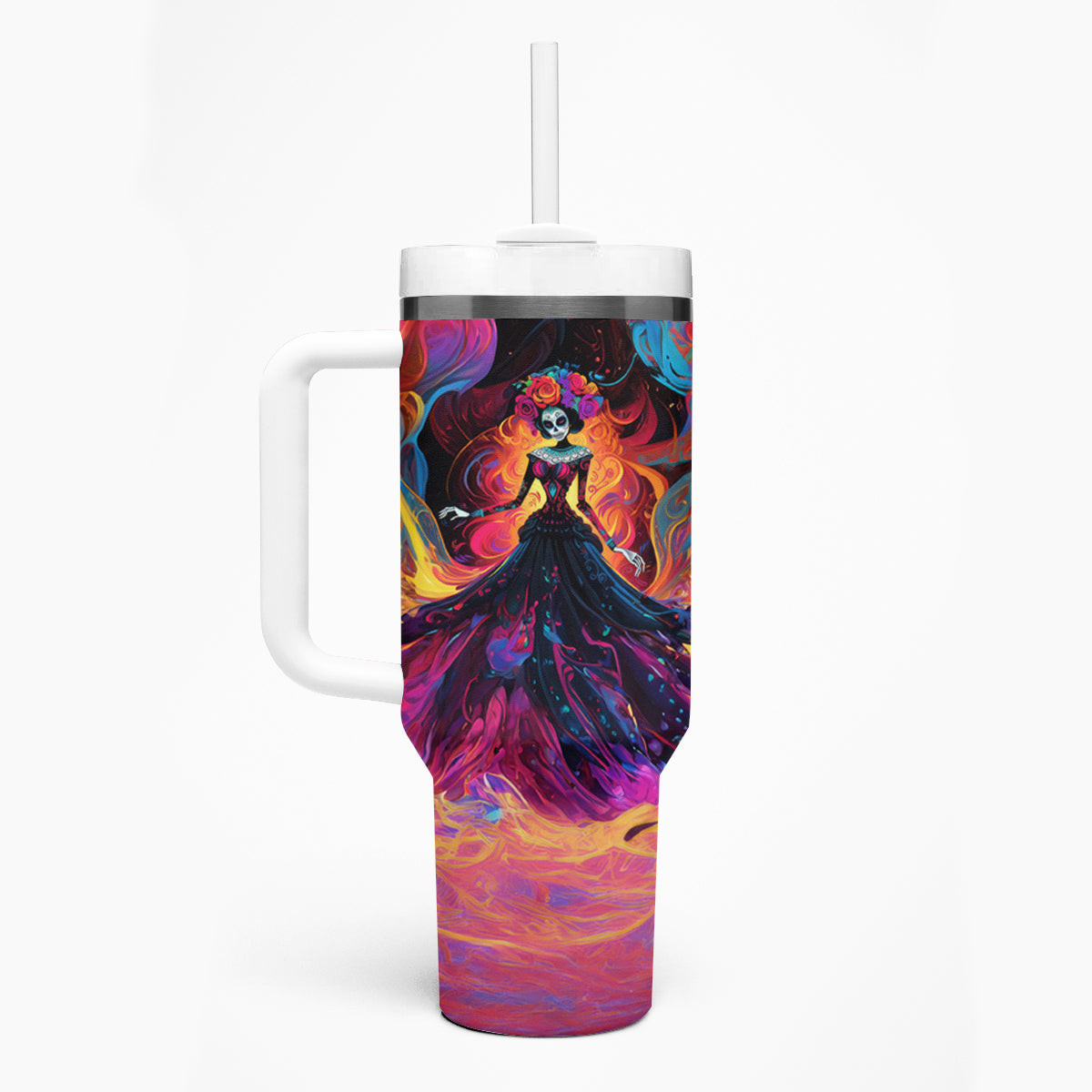 Day Of Dead Lady Tumbler With Handle Sugar Skull Flame Lady