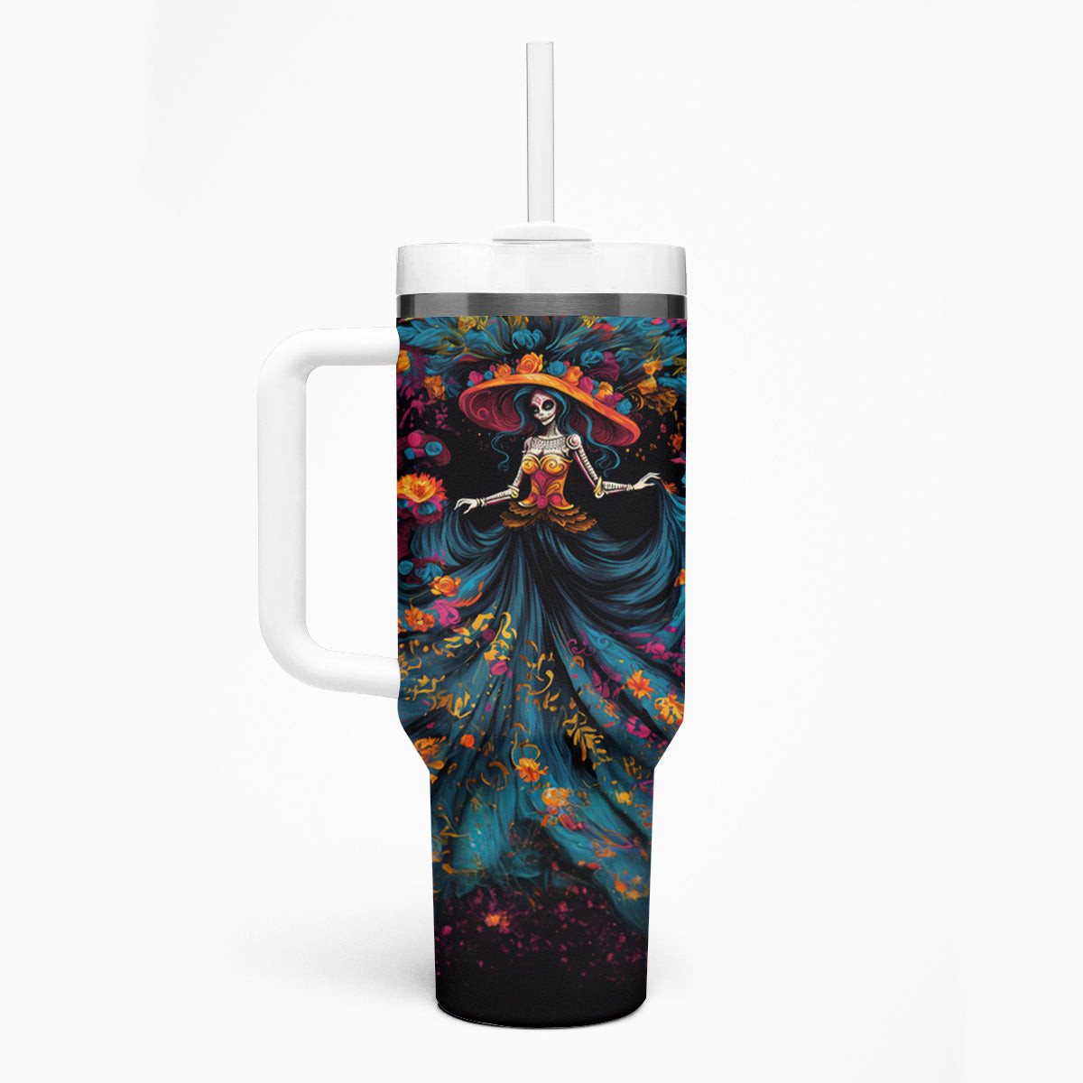 Day Of Dead Lady Tumbler With Handle Sugar Skull Lady Dancing