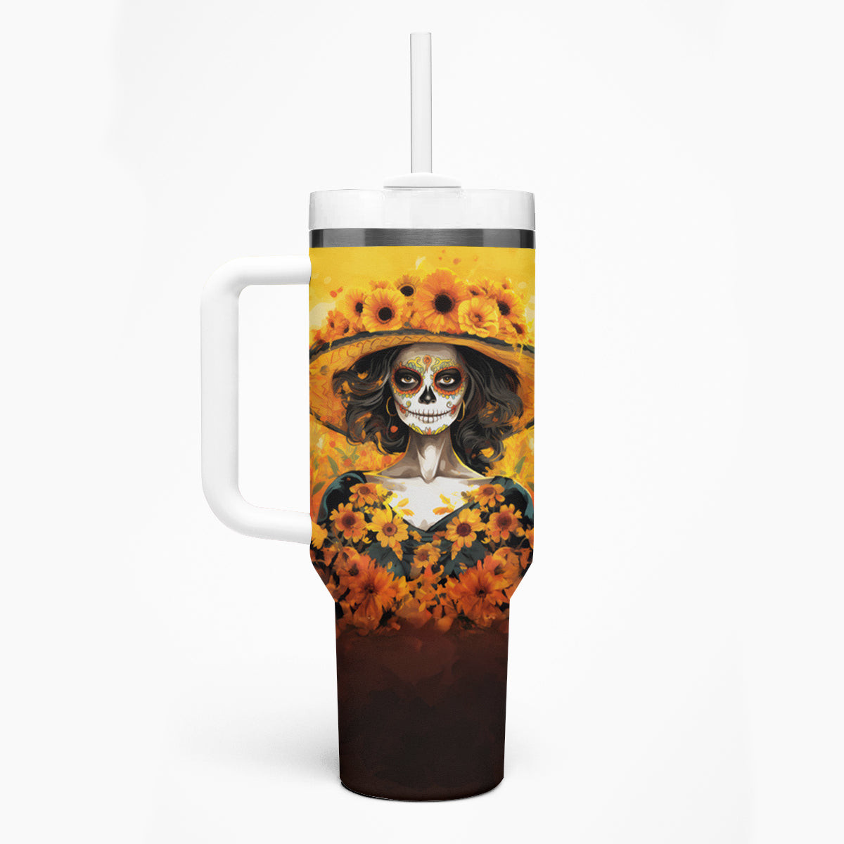 Day Of Dead Lady Tumbler With Handle Sugar Skull Lady Sunflower