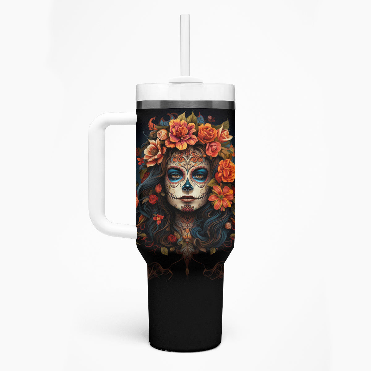Day Of Dead Lady Tumbler With Handle Sugar Skull Rose Lady