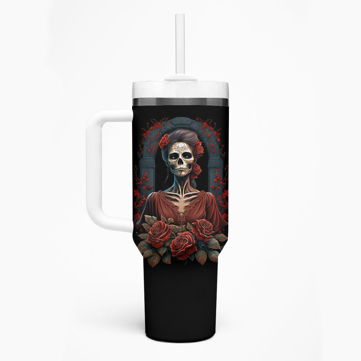 Day Of Dead Lady Tumbler With Handle Sugar Skull Rose Lady