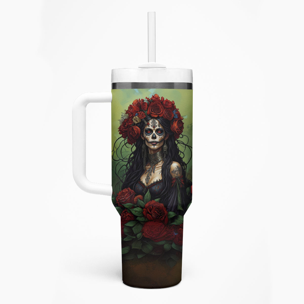 Day Of Dead Lady Tumbler With Handle Sugar Skull Rose Lady