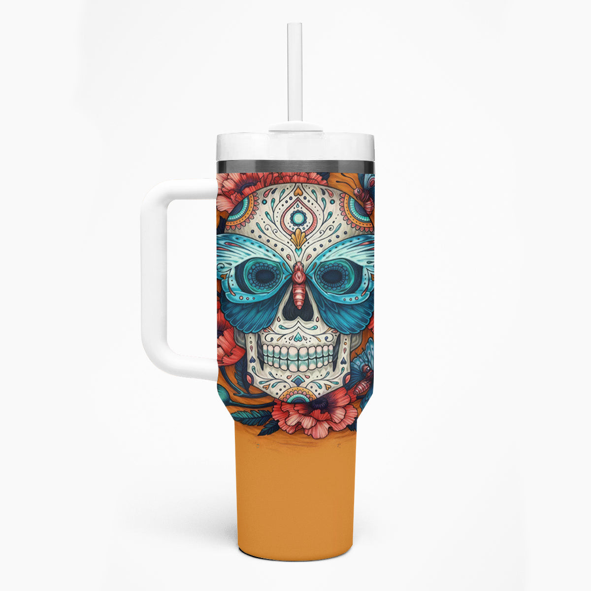 Day Of Dead Skull Tumbler With Handle Sugar Skull Butterfly