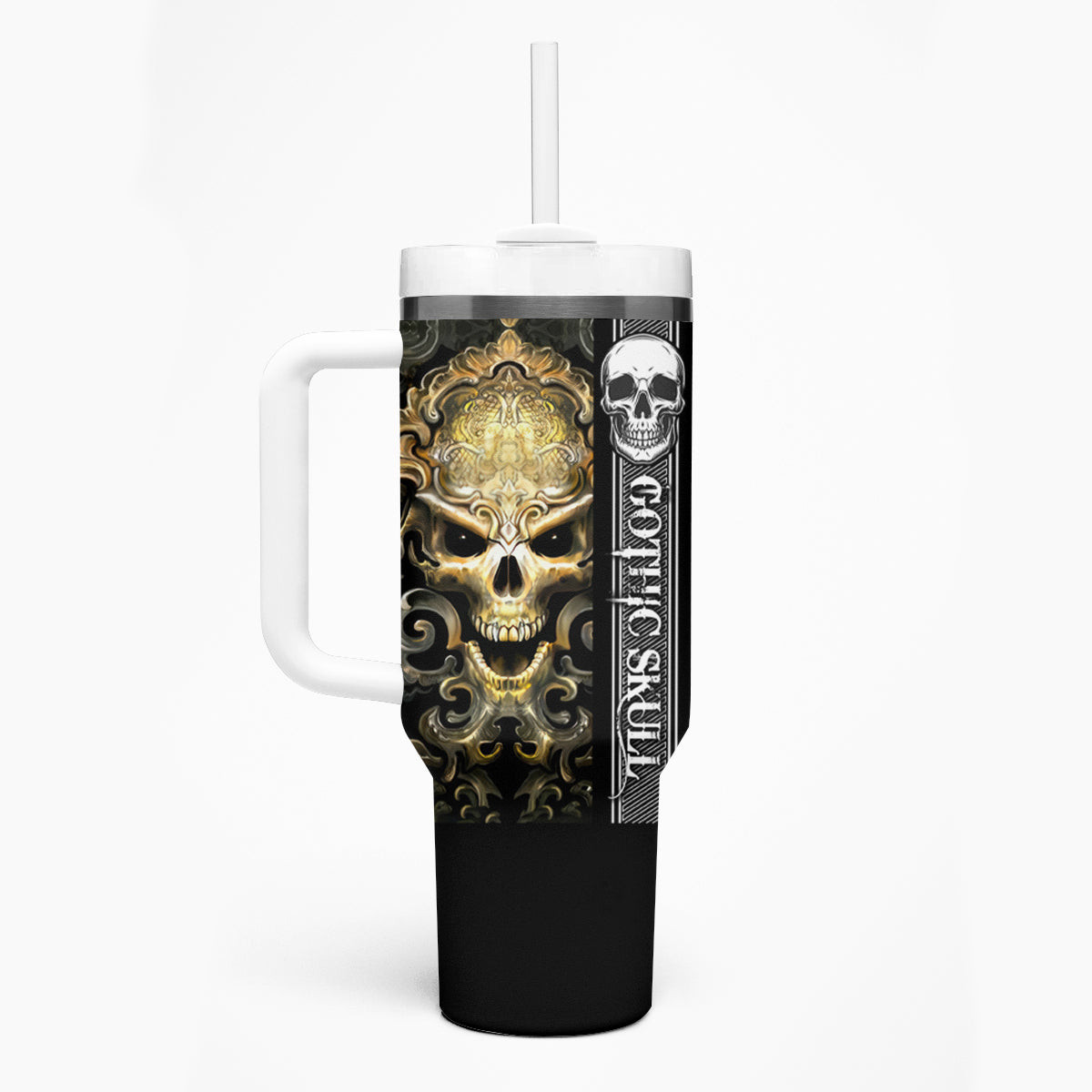 Golden Gothic Skull Tumbler With Handle Embracing Ancient Elegance
