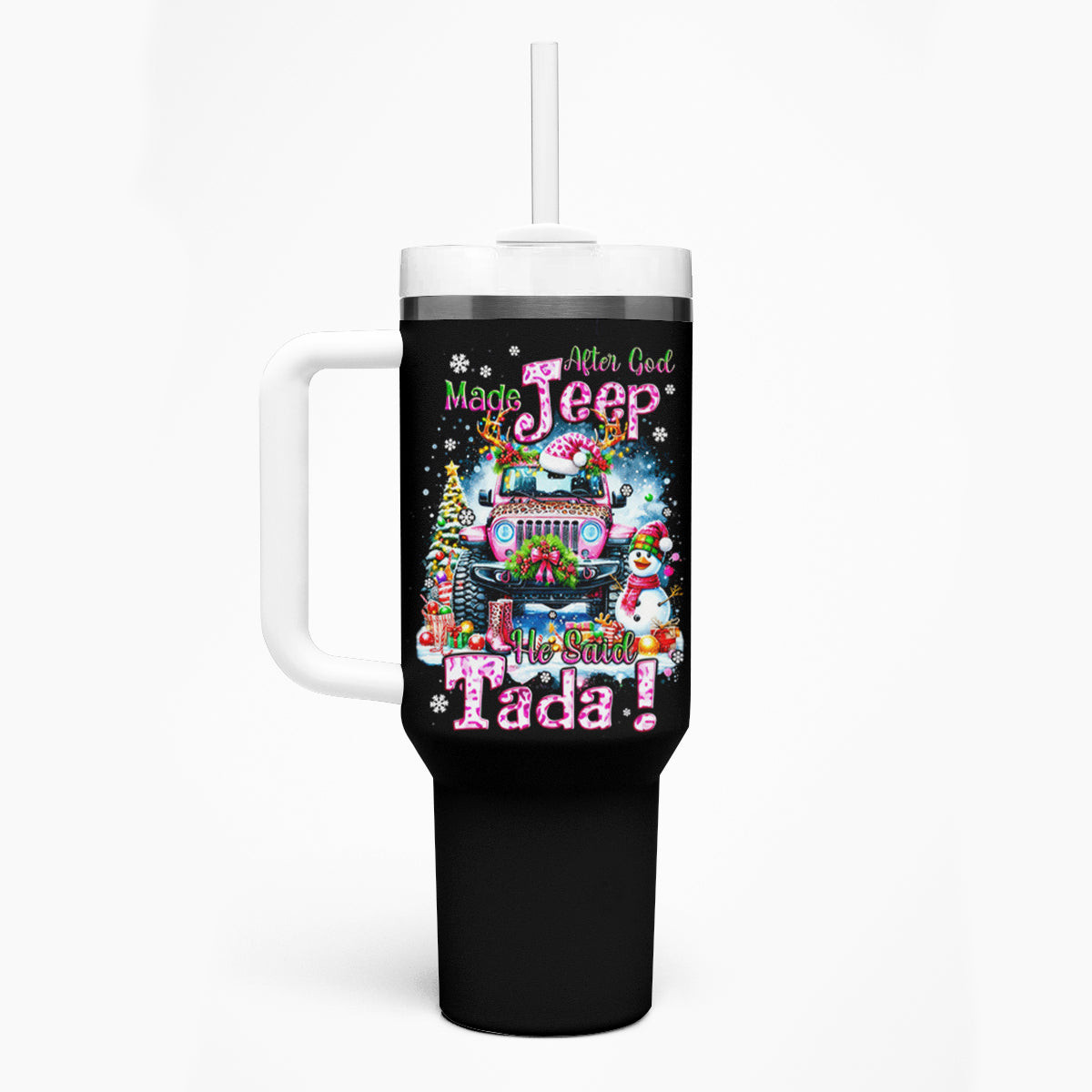 Pink Jaguar Jeep Tumbler With Handle After God Made Jeep He Said Tada